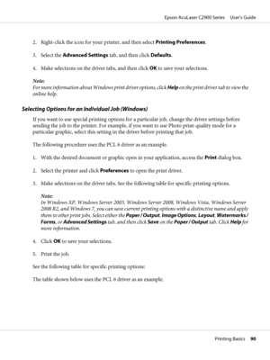 Page 902. Right-click the icon for your printer, and then select Printing Preferences.
3. Select the Advanced Settings tab, and then click Defaults.
4. Make selections on the driver tabs, and then click OK to save your selections.
Note:
For more information about Windows print driver options, click Help on the print driver tab to view the
online help.
Selecting Options for an Individual Job (Windows)
If you want to use special printing options for a particular job, change the driver settings before
sending the...