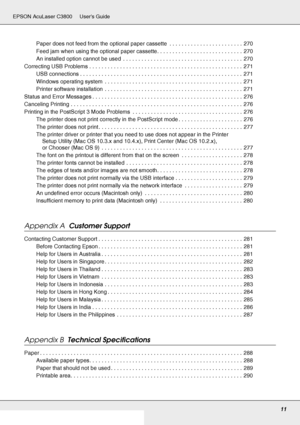 Page 1111
EPSON AcuLaser C3800 Users Guide
Paper does not feed from the optional paper cassette  . . . . . . . . . . . . . . . . . . . . . . . .  270
Feed jam when using the optional paper cassette. . . . . . . . . . . . . . . . . . . . . . . . . . . .  270
An installed option cannot be used  . . . . . . . . . . . . . . . . . . . . . . . . . . . . . . . . . . . . . . .  270
Correcting USB Problems . . . . . . . . . . . . . . . . . . . . . . . . . . . . . . . . . . . . . . . . . . . . . . . . . .  271
USB...