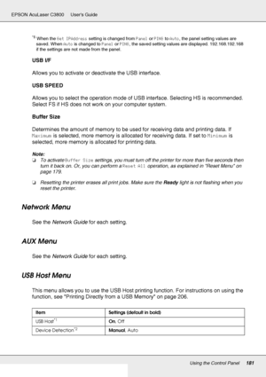 Page 181Using the Control Panel181
EPSON AcuLaser C3800 Users Guide
*5When the Get IPAddress setting is changed from Panel or PING to Auto, the panel setting values are 
saved. When Auto is changed to Panel or PING, the saved setting values are displayed. 192.168.192.168 
if the settings are not made from the panel.
USB I/F
Allows you to activate or deactivate the USB interface.
USB SPEED
Allows you to select the operation mode of USB interface. Selecting HS is recommended. 
Select FS if HS does not work on your...