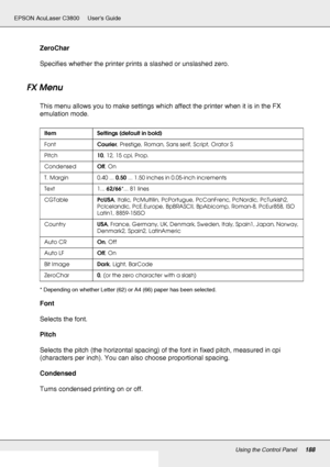 Page 188Using the Control Panel188
EPSON AcuLaser C3800 Users Guide
ZeroChar
Specifies whether the printer prints a slashed or unslashed zero.
FX Menu
This menu allows you to make settings which affect the printer when it is in the FX 
emulation mode.
* Depending on whether Letter (62) or A4 (66) paper has been selected.
Font
Selects the font.
Pitch
Selects the pitch (the horizontal spacing) of the font in fixed pitch, measured in cpi 
(characters per inch). You can also choose proportional spacing.
Condensed...