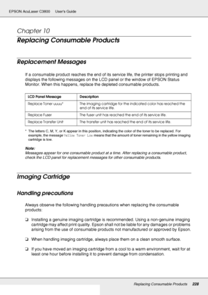 Page 228Replacing Consumable Products228
EPSON AcuLaser C3800 Users Guide
Chapter 10 
Replacing Consumable Products
Replacement Messages
If a consumable product reaches the end of its service life, the printer stops printing and 
displays the following messages on the LCD panel or the window of EPSON Status 
Monitor. When this happens, replace the depleted consumable products.
* The letters C, M, Y, or K appear in this position, indicating the color of the toner to be replaced. For 
example, the message Yellow...