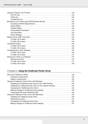 Page 77
EPSON AcuLaser C3800 Users Guide
Using the Reserve Job Function . . . . . . . . . . . . . . . . . . . . . . . . . . . . . . . . . . . . . . . . . . . . .  133
Re-Print Job . . . . . . . . . . . . . . . . . . . . . . . . . . . . . . . . . . . . . . . . . . . . . . . . . . . . . . . . .  134
Verify Job . . . . . . . . . . . . . . . . . . . . . . . . . . . . . . . . . . . . . . . . . . . . . . . . . . . . . . . . . . . 135
Confidential Job . . . . . . . . . . . . . . . . . . . . . . . . . . . . . . . . ....