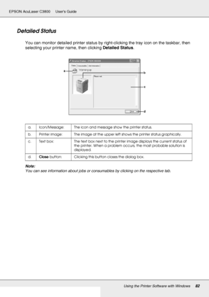 Page 82Using the Printer Software with Windows82
EPSON AcuLaser C3800 Users Guide
Detailed Status
You can monitor detailed printer status by right-clicking the tray icon on the taskbar, then 
selecting your printer name, then clicking Detailed Status.
Note:
You can see information about jobs or consumables by clicking on the respective tab.
a. Icon/Message: The icon and message show the printer status.
b. Printer image: The image at the upper left shows the printer status graphically.
c. Text box: The text box...