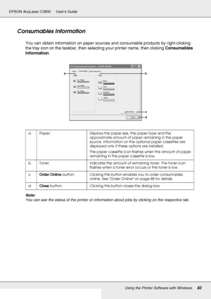 Page 83Using the Printer Software with Windows83
EPSON AcuLaser C3800 Users Guide
Consumables Information
You can obtain information on paper sources and consumable products by right-clicking 
the tray icon on the taskbar, then selecting your printer name, then clicking Consumables 
Information.
Note:
You can see the status of the printer or information about jobs by clicking on the respective tab.
a. Paper: Displays the paper size, the paper type and the 
approximate amount of paper remaining in the paper...