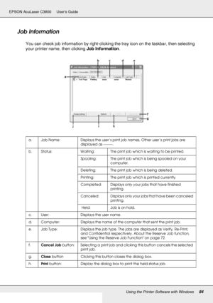 Page 84Using the Printer Software with Windows84
EPSON AcuLaser C3800 Users Guide
Job Information
You can check job information by right-clicking the tray icon on the taskbar, then selecting 
your printer name, then clicking Job Information.
a. Job Name: Displays the user’s print job names. Other user’s print jobs are 
displayed as --------.
b. Status: Waiting: The print job which is waiting to be printed.
Spooling: The print job which is being spooled on your 
computer.
Deleting: The print job which is being...