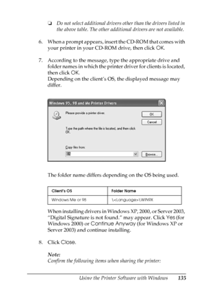 Page 135
Using the Printer Software with Windows135
4
4
4
4
4
4
4
4
4
4
4
4
❏Do not select additional drivers ot her than the drivers listed in 
the above table. The other addi tional drivers are not available.
6. When a prompt appears, insert the CD-ROM that comes with  your printer in your CD-ROM drive, then click  OK.
7. According to the message, type the appropriate drive and  folder names in which the printer driver for clients is located, 
then click  OK.
Depending on the client’s OS, the displayed message...