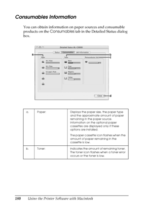 Page 180
180Using the Printer Software with Macintosh
Consumables Information
You can obtain information on paper sources and consumable 
products on the Consumables tab in the Detailed Status dialog 
box.
a. Paper: Displays the paper size, the paper type 
and the approximate amount of paper 
remaining in the paper source. 
Information on the optional paper 
cassettes are displayed only if these 
options are installed.
The paper cassette icon flashes when the 
amount of paper remaining in the 
cassette is low....