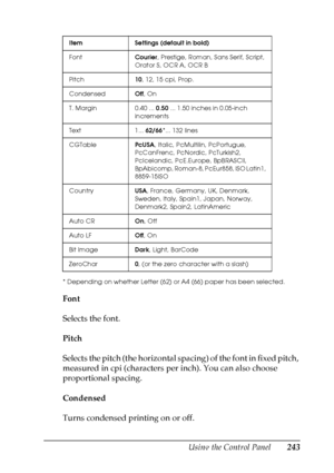 Page 243
Using the Control Panel243
7
7
7
7
7
7
7
7
7
7
7
7
* Depending on whether Letter (62) or A4 (66) paper has been selected.
Font
Selects the font.
Pitch
Selects the pitch (the horizontal spacing) of the font in fixed pitch, 
measured in cpi (characters per inch). You can also choose 
proportional spacing.
Condensed
Turns condensed printing on or off.
Item Settings (default in bold)
FontCourier, Prestige, Roman, Sans Serif, Script, 
Orator S, OCR A, OCR B
Pitch 10, 12, 15 cpi, Prop. 
Condensed Off, On
T....