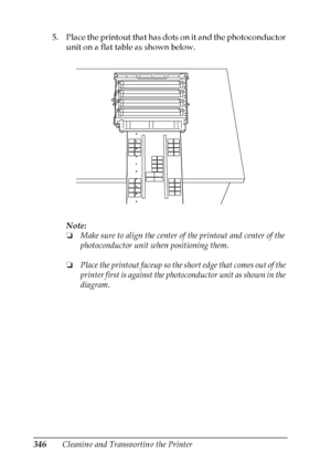 Page 346
346Cleaning and Transporting the Printer
5. Place the printout that has dots on it and the photoconductor 
unit on a flat table as shown below.
Note:
❏Make sure to align the center of the printout and center of the 
photoconductor unit when positioning them.
❏ Place the printout faceup so the  short edge that comes out of the 
printer first is against the photoconductor unit as shown in the 
diagram.
 