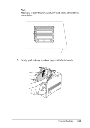 Page 359
Troubleshooting359
11
11
11
11
11
11
11
11
11
11
11
11
Note:
Make sure to place the photoconductor unit on the flat surface as 
shown below.
5. Gently pull out any sheets of paper with both hands.
 