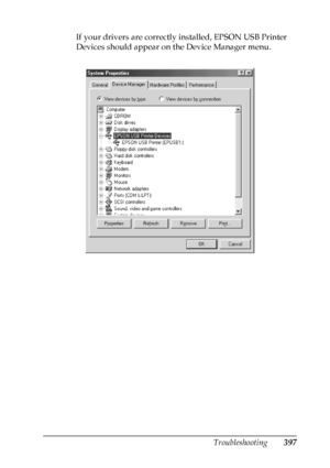 Page 397
Troubleshooting397
11
11
11
11
11
11
11
11
11
11
11
11
If your drivers are correctly installed, EPSON USB Printer 
Devices should appear on the Device Manager menu.
 