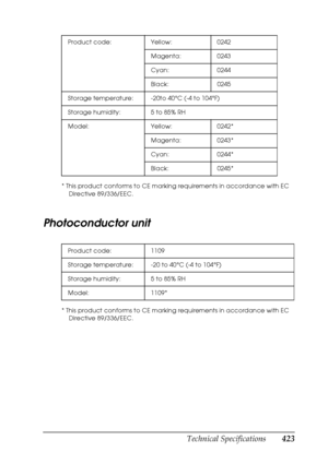 Page 423Technical Specifications423
B
B
B
B
B
B
B
B
B
B
B
B
* This product conforms to CE marking requirements in accordance with EC 
Directive 89/336/EEC.
Photoconductor unit
* This product conforms to CE marking requirements in accordance with EC 
Directive 89/336/EEC. Product code: Yellow:  0242
Magenta: 0243
Cyan: 0244
Black: 0245
Storage temperature: -20to 40°C (-4 to 104°F)
Storage humidity: 5 to 85% RH
Model: Yellow: 0242*
Magenta: 0243*
Cyan: 0244*
Black: 0245*
Product code: 1109
Storage temperature: -20...