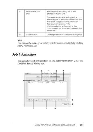 Page 181
Using the Printer Software with Macintosh181
5
5
5
5
5
5
5
5
5
5
5
5
Note:
You can see the status of the printer or information about jobs by clicking 
on the respective tab.
Job Information 
You can check job information on the  Job Information tab of the 
Detailed Status dialog box. 
c. Photoconductor 
Unit: Indicates the remaining life of the 
photoconductor unit.
The green level meter indicates the 
remaining life of the photoconductor unit 
that is set. The photoconductor icon 
flashes when an...