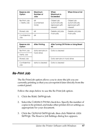 Page 97
Using the Printer Software with Windows97
4
4
4
4
4
4
4
4
4
4
4
4
Re-Print Job
The Re-Print Job option allows you to store the job you are 
currently printing so that you can reprint it later directly from the 
control panel.
Follow the steps below to use the Re-Print Job option.
1. Click the Basic Settings  tab.
2. Select the  Collate in Printer  check box. Specify the number of 
copies to be printed, and make other printer driver settings as 
appropriate for your document.
3. Click the  Optional...