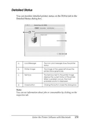 Page 179
Using the Printer Software with Macintosh179
5
5
5
5
5
5
5
5
5
5
5
5
Detailed Status
You can monitor detailed printer status on the Status tab in the 
Detailed Status dialog box.
Note:
You can see information about jobs or consumables by clicking on the 
respective tab.
a. Icon/Message: The icon and message show the printer 
status.
b. Printer image: The image at the upper left shows the  printer status graphically.
c. Text box: The text box next to the printer image  displays the current status of the...