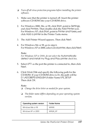 Page 197
Using the PostScript Printer Driver197
6
6
6
6
6
6
6
6
6
6
6
6
❏Turn off all virus protection prog rams before installing the printer 
software.
1. Make sure that the printer is turned off. Insert the printer  software CD-ROM into your CD-ROM drive.
2. For Windows 2000, Me, or 98, click  Start, point to  Settings, 
and click  Printers. Then double-click the  Add Printer icon.
For Windows XP, click  Start, point to  Printer and Faxes , and 
click  Add a printer  in the Printer Tasks menu.
3. The Add...