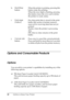 Page 30
30Getting to Know Your Printer
Options and Consumable Products
New
 :Option/Consumable
Options
You can add to your printer’s capabilities by installing any of the 
following options.
❏ 550-sheet Paper Cassette Unit (C12C802251)
This unit increases paper feeding capacity up to 550 sheets of 
paper.
❏ 1100-sheet Paper Cassette Unit (C12C802261)
This unit holds two paper cassettes, and increases paper 
feeding capacity up to 1100 sheets of paper.
h.
Start/Stop  
button When the printer is printing,...