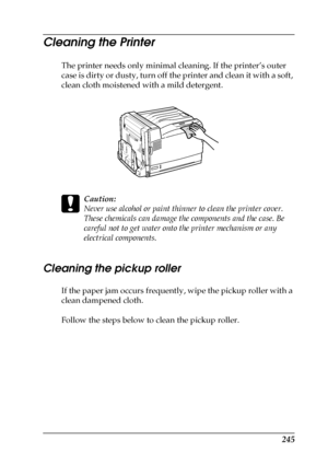 Page 245245
Cleaning the Printer
The printer needs only minimal cleaning. If the printer’s outer 
case is dirty or dusty, turn off the printer and clean it with a soft, 
clean cloth moistened with a mild detergent.
c
Caution:
Never use alcohol or paint thinner to clean the printer cover. 
These chemicals can damage the components and the case. Be 
careful not to get water onto the printer mechanism or any 
electrical components.
Cleaning the pickup roller
If the paper jam occurs frequently, wipe the pickup...