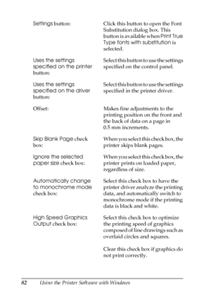 Page 8282Using the Printer Software with Windows Settings button: Click this button to open the Font 
Substitution dialog box. This 
button is available when Print True 
Type fonts with substitution is 
selected.
Uses the settings 
specified on the printer 
button:Select this button to use the settings 
specified on the control panel.
Uses the settings 
specified on the driver 
button:Select this button to use the settings 
specified in the printer driver.
Offset: Makes fine adjustments to the 
printing...