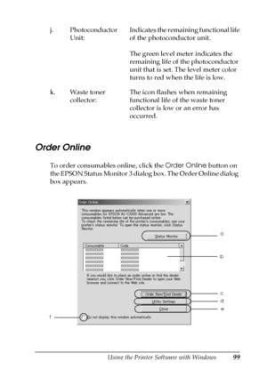 Page 99Using the Printer Software with Windows99
3
3
3
3
3
3
3
3
3
3
3
3
Order Online
To order consumables online, click the Order Online button on 
the EPSON Status Monitor 3 dialog box. The Order Online dialog 
box appears. j. Photoconductor 
Unit:Indicates the remaining functional life 
of the photoconductor unit.
The green level meter indicates the 
remaining life of the photoconductor 
unit that is set. The level meter color 
turns to red when the life is low.
k. Waste toner 
collector:The icon flashes...