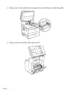 Page 118118Solving Problems
2. Open cover C, then pull up the two green levers on the fuser to unlock the guide.
3. Open cover E on the back, then open cover F.
 