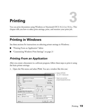Page 19Printing19
Printing3
You can print documents using Windows or Macintosh OS X 10.2.4 to 10.4.x. This 
chapter tells you how to select print settings, print, and monitor your print job. 
Printing in Windows
See these sections for instructions on selecting printer settings in Windows:
■“Printing From an Application” below
■“Customizing Windows Print Settings” on page 21
Printing From an Application 
After you create a document in a software program, follow these steps to print it using 
the basic printer...