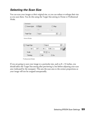 Page 59Selecting EPSON Scan Settings59
Selecting the Scan Size
You can scan your images at their original size, or you can reduce or enlarge their size 
as you scan them. You do this using the Target Size setting in Home or Professional 
Mode.
If you are going to scan your image to a particular size, such as 8 × 10 inches, you 
should select the Target Size setting after previewing it, but before adjusting your scan 
area (indicated by the marquee). This sets the scan area to the correct proportions so 
your...