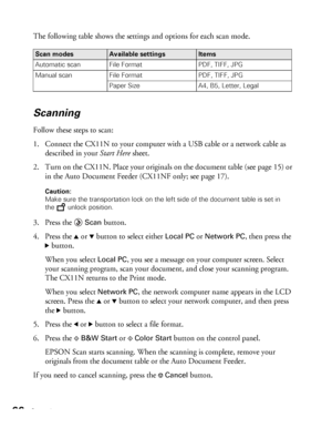 Page 6666Scanning
The following table shows the settings and options for each scan mode. 
Scanning
Follow these steps to scan:
1. Connect the CX11N to your computer with a USB cable or a network cable as 
described in your Start Here sheet.
2. Turn on the CX11N. Place your originals on the document table (see page 15) or 
in the Auto Document Feeder (CX11NF only; see page 17). 
Caution: 
Make sure the transportation lock on the left side of the document table is set in 
the  unlock position. 
3. Press the Scan...