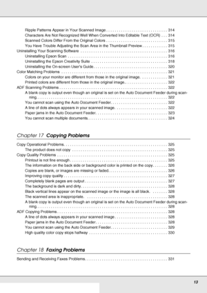 Page 13     13
     
Ripple Patterns Appear in Your Scanned Image . . . . . . . . . . . . . . . . . . . . . . . . . . . . .  314
Characters Are Not Recognized Well When Converted Into Editable Text (OCR)  . . .  314
Scanned Colors Differ From the Original Colors . . . . . . . . . . . . . . . . . . . . . . . . . . . . .  315
You Have Trouble Adjusting the Scan Area in the Thumbnail Preview . . . . . . . . . . . .  315
Uninstalling Your Scanning Software  . . . . . . . . . . . . . . . . . . . . . . . . . . . . ....