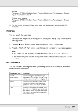 Page 200Copying200
MP tray:
Plain paper, EPSON Color Laser Paper, Preprinted, Letterhead, Recycled paper, Colored 
paper, Transparencies, Labels
Optional paper cassette:
Plain paper, EPSON Color Laser Paper, Preprinted, Letterhead, Recycled paper, Colored 
paper
❏You cannot copy onto coated paper, thick paper and special paper such as postcard or 
envelopes.
Paper size
You can specify the paper size.
1. Make sure that the product is in Copy mode. If not, press the  Copy button to enter 
the Copy mode.
2. Press...