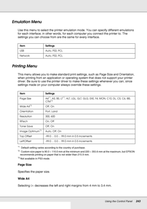 Page 243Using the Control Panel243
Emulation Menu
Use this menu to select the printer emulation mode. You can specify different emulations 
for each interface; in other words, for each computer you connect the printer to. The 
settings you can choose from are the same for every interface.
Printing Menu
This menu allows you to make standard print settings, such as Page Size and Orientation, 
when printing from an application or operating system that does not support your printer 
driver. Be sure to use the...