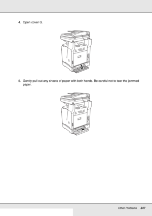 Page 347Other Problems347
4. Open cover G.
5. Gently pull out any sheets of paper with both hands. Be careful not to tear the jammed 
paper.
 