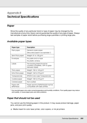 Page 359Technical Specifications359
Appendix B 
Technical Specifications
Paper
Since the quality of any particular brand or type of paper may be changed by the 
manufacturer at any time, Epson cannot guarantee the quality of any type of paper. Always 
test samples of paper stock before purchasing large quantities or printing large jobs.
Available paper types
* Use recycled paper only under normal temperature and humidity conditions. Poor quality paper may reduce 
print quality, or cause paper jams and other...