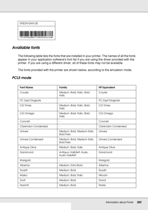 Page 382Information about Fonts382
Available fonts
New :Print font sam ples need to  be insert a c ross -referenc e.The following table lists the fonts that are installed in your printer. The names of all the fonts 
appear in your application software’s font list if you are using the driver provided with the 
printer. If you are using a different driver, all of these fonts may not be available.
The fonts provided with the printer are shown below, according to the emulation mode.
PCL5 mode
EPSON EAN128
Font Name...