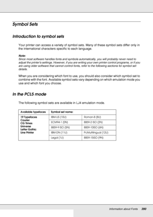 Page 390Information about Fonts390
Symbol Sets
Introduction to symbol sets
Your printer can access a variety of symbol sets. Many of these symbol sets differ only in 
the international characters specific to each language.
Note:
Since most software handles fonts and symbols automatically, you will probably never need to 
adjust the printer’s settings. However, if you are writing your own printer control programs, or if you 
are using older software that cannot control fonts, refer to the following sections for...