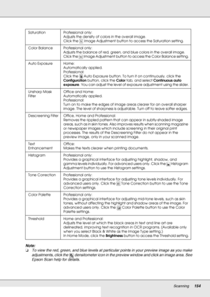 Page 154Scanning154
Note:
❏To view the red, green, and blue levels at particular points in your preview image as you make 
adjustments, click the  densitometer icon in the preview window and click an image area. See 
Epson Scan help for details.
Saturation Professional only:
Adjusts the density of colors in the overall image.
Click the   Image Adjustment button to access the Saturation setting.
Color Balance Professional only:
Adjusts the balance of red, green, and blue colors in the overall image.
Click the...