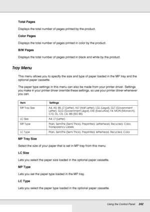 Page 242Using the Control Panel242
Total Pages
Displays the total number of pages printed by the product.
Color Pages
Displays the total number of pages printed in color by the product.
B/W Pages
Displays the total number of pages printed in black and white by the product.
Tray Menu
This menu allows you to specify the size and type of paper loaded in the MP tray and the 
optional paper cassette.
The paper type settings in this menu can also be made from your printer driver. Settings 
you make in your printer...