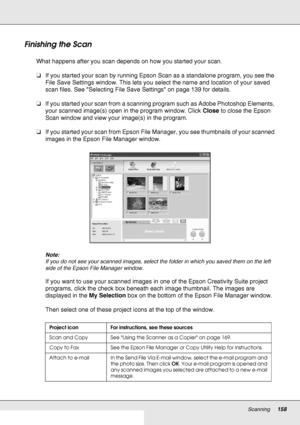 Page 158Scanning158
Finishing the Scan
What happens after you scan depends on how you started your scan.
❏If you started your scan by running Epson Scan as a standalone program, you see the 
File Save Settings window. This lets you select the name and location of your saved 
scan files. See Selecting File Save Settings on page 139 for details.
❏If you started your scan from a scanning program such as Adobe Photoshop Elements, 
your scanned image(s) open in the program window. Click Close to close the Epson 
Scan...