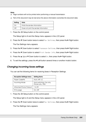 Page 220Faxing (Fax Model Only)220
Note:
❏Page numbers will not be printed when performing a manual transmission. 
❏Part of the document may be lost since the above information overwrites the document data.
1. Press the  Setup button on the control panel. 
The Setup light is lit and the Setup menu appears in the LCD panel.
2. Press the dDown button twice to select Fax Settings, then press the rRight button.
The Fax Settings menu appears.
3. Press the dDown button to select Transmssn Settings, then press the...