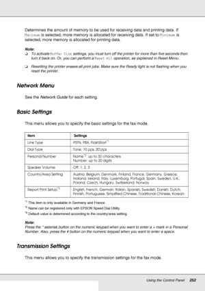 Page 252Using the Control Panel252
Determines the amount of memory to be used for receiving data and printing data. If 
Maximum is selected, more memory is allocated for receiving data. If set to Minimum is 
selected, more memory is allocated for printing data.
Note:
❏To activate Buffer Size settings, you must turn off the printer for more than five seconds then 
turn it back on. Or, you can perform a Reset All operation, as explained in Reset Menu.
❏Resetting the printer erases all print jobs. Make sure the...