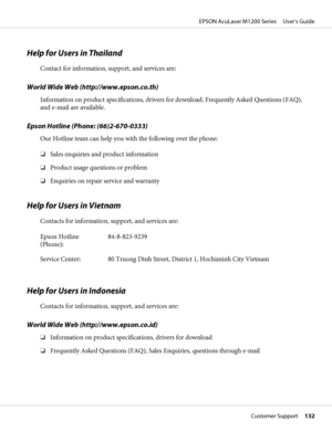 Page 132Help for Users in Thailand
Contact for information, support, and services are:
World Wide Web (http://www.epson.co.th)
Information on product specifications, drivers for download, Frequently Asked Questions (FAQ),
and e-mail are available.
Epson Hotline (Phone: (66)2-670-0333)
Our Hotline team can help you with the following over the phone:
❏Sales enquiries and product information
❏Product usage questions or problem
❏Enquiries on repair service and warranty
Help for Users in Vietnam
Contacts for...