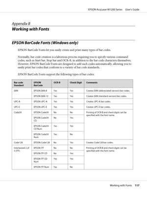 Page 117Appendix B
Working with Fonts
EPSON BarCode Fonts (Windows only)
EPSON BarCode Fonts let you easily create and print many types of bar codes.
Normally, bar code creation is a laborious process requiring you to specify various command
codes, such as Start bar, Stop bar and OCR-B, in addition to the bar code characters themselves.
However, EPSON BarCode Fonts are designed to add such codes automatically, allowing you to
easily print bar codes that conform to a variety of bar code standards.
EPSON BarCode...