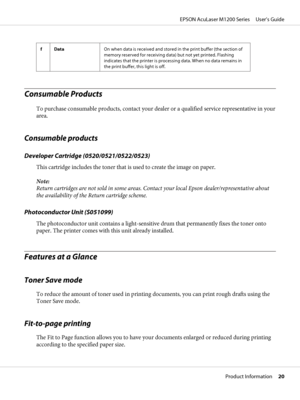 Page 20fDataOn when data is received and stored in the print buffer (the section of
memory reserved for receiving data) but not yet printed. Flashing
indicates that the printer is processing data. When no data remains in
the print buffer, this light is off.
Consumable Products
To purchase consumable products, contact your dealer or a qualified service representative in your
area.
Consumable products
Developer Cartridge (0520/0521/0522/0523)
This cartridge includes the toner that is used to create the image on...