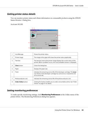 Page 39Getting printer status details
You can monitor printer status and obtain information on consumable products using the EPSON
Status Monitor 3 dialog box.
AcuLaser M1200
1 Icon/Message Shows the printer status.
2 Printer image The image at the upper left shows the printer status graphically.
3 Text box The text box next to the printer image displays the current status of the
printer. When a problem occurs, the most probable solution is displayed.
4
Close buttonCloses the dialog box.
5 Paper Displays the...