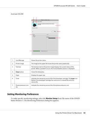 Page 54AcuLaser M1200
1 Icon/Message Shows the printer status.
2 Printer image The image at the upper left shows the printer status graphically.
3 Text box The text box next to the printer image displays the current status of the
printer. When a problem occurs, the most probable solution is displayed.
4
Close buttonCloses the dialog box.
5Paper Displays the paper size.
6Toner
Indicates the remaining service life of the developer cartridge. The toner icon
flashes if the developer cartridge has some error or...
