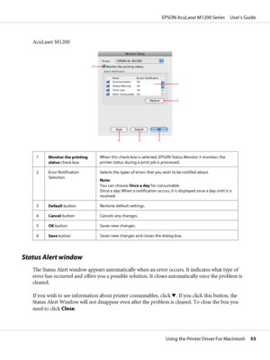 Page 55AcuLaser M1200
1
Monitor the printing
status check boxWhen this check box is selected, EPSON Status Monitor 3 monitors the
printer status during a print job is processed.
2 Error Notification
SelectionSelects the types of errors that you wish to be notified about.
Note: 
You can choose Once a day for consumable.
Once a day: When a notification occurs, it is displayed once a day until it is
resolved
3
Default buttonRestores default settings.
4
Cancel buttonCancels any changes.
5
OK buttonSaves new...