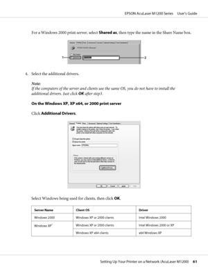 Page 61For a Windows 2000 print server, select Shared as, then type the name in the Share Name box.
4. Select the additional drivers.
Note:
If the computers of the server and clients use the same OS, you do not have to install the
additional drivers. Just click OK after step3.
On the Windows XP, XP x64, or 2000 print server
Click Additional Drivers.
Select Windows being used for clients, then click OK.
Server Name Client OS Driver
Windows 2000 Windows XP or 2000 clients Intel Windows 2000
Windows XP
*Windows XP...