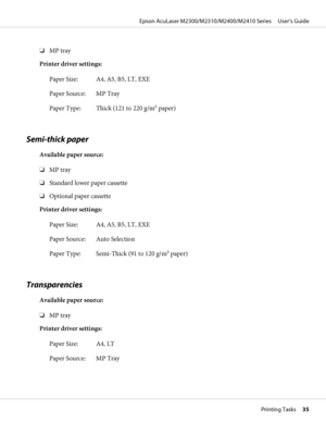 Page 35❏MP tray
Printer driver settings:
Paper Size: A4, A5, B5, LT, EXE
Paper Source: MP Tray
Paper Type: Thick (121 to 220 g/m2 paper)
Semi-thick paper
Available paper source:
❏MP tray
❏Standard lower paper cassette
❏Optional paper cassette
Printer driver settings:
Paper Size: A4, A5, B5, LT, EXE
Paper Source: Auto Selection
Paper Type: Semi-Thick (91 to 120 g/m2 paper)
Transparencies
Available paper source:
❏MP tray
Printer driver settings:
Paper Size: A4, LT
Paper Source: MP Tray
Epson AcuLaser...