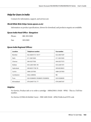 Page 163Help for Users in India
Contacts for information, support, and services are:
World Wide Web (http://www.epson.co.in)
Information on product specifications, drivers for download, and products enquiry are available.
Epson India Head Office - Bangalore
Phone: 080-30515000
Fax: 30515005
Epson India Regional Offices:
Location Telephone number Fax number
Mumbai 022-28261515 /16/17 022-28257287
Delhi 011-30615000 011-30615005
Chennai 044-30277500 044-30277575
Kolkata 033-22831589 / 90 033-22831591
Hyderabad...