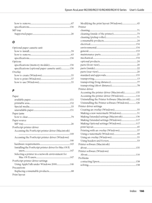 Page 166how to remove..................................................................67
specifications..................................................................156
MP tray
Supported paper...............................................................26
O
Optional paper cassette unit
how to install....................................................................59
how to remove..................................................................63...